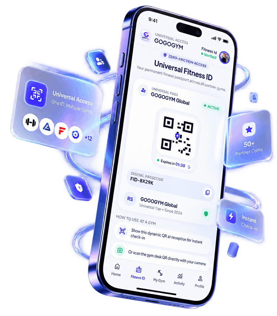Universal Fitness ID screen showing member verification, dynamic QR code passcode FID-8X29K, and 50+ partner gym universal access